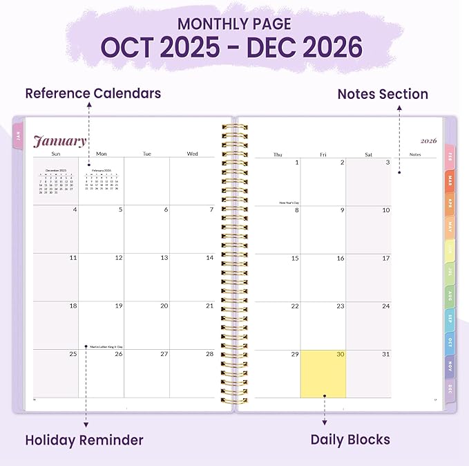 2026 Planner, Annecy Weekly ＆ Monthly Planner 2026, Jan. 2026 – Dec. 2026, 8.5" x 11" Monthly Agenda Planner with Tabs, Waterproof Flexible Cover, Spiral Binding, Double-sided Pocket, Bookmark, Purple