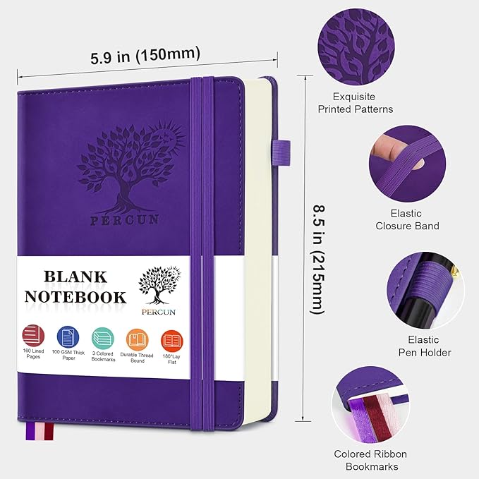 Blank Journal Ntebook for Men & Women, 160 Pages Blank Journals for Writing, Drawing,Sketch Book,5.9" x 8.5" Leather Sketchbook, Unlined Notebook for Work, School, Art (Purple)