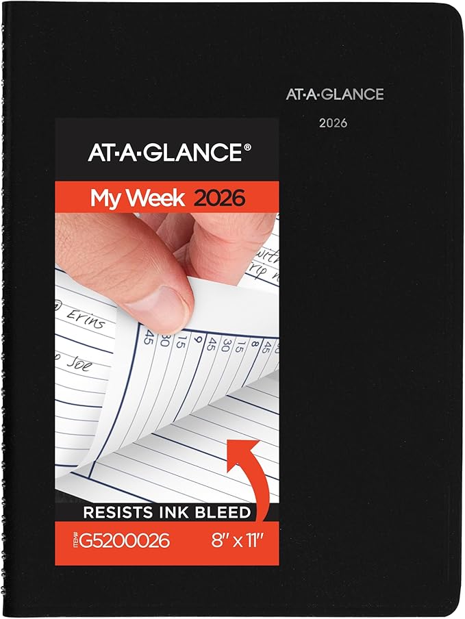AT-A-GLANCE 2026 Appointment Book Planner, Weekly, 8" x 11", Large, Quarter-Hourly, DayMinder, Black (G5200026)