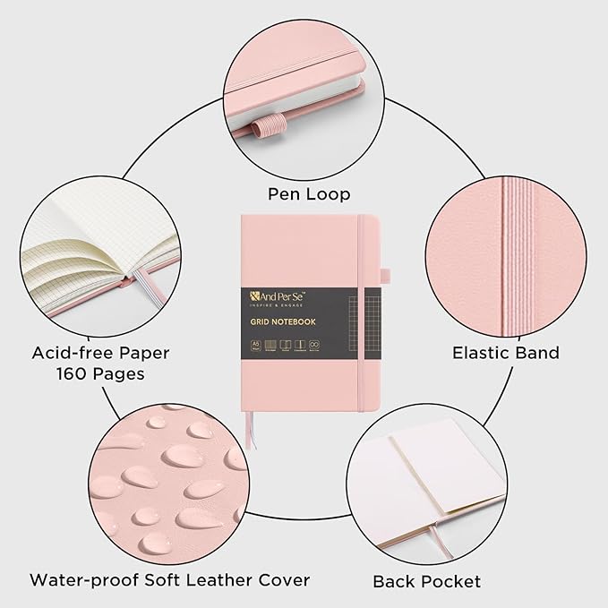 &And Per Se Graph Journal Notebook, 160 Pages, 5.7 x 8 inches Grid Hardcover Notebook Journals for Writing, Valentine's Day Gift Journal for Her, Romantic Writing Diary for Women (1 Pack, Pink)