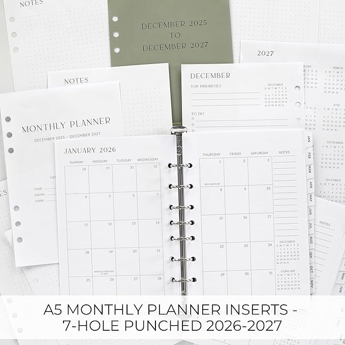 Beautiful 2026-2027 Monthly Planner Refill for 7 Ring Binders – Durable A5 Paper Insert Set 5.5" x 8.3" - Refills Incl. Tabs & Monthly, Yearly Calendar Spreads - From December 2025 - December 2027