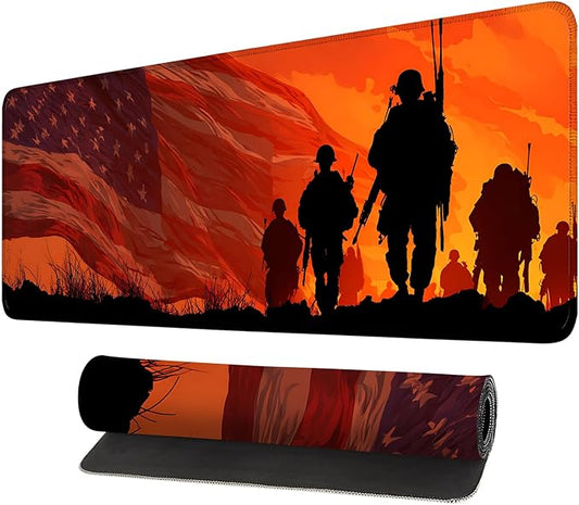 Desk Mat, XXL Extended Gaming Pad for Desktop, 35x16 Inches Patriotic Soldier Silhouette with Flag, Large Non-Slip Vegan Leather Surface Keyboard Mouse Mat for Home Office