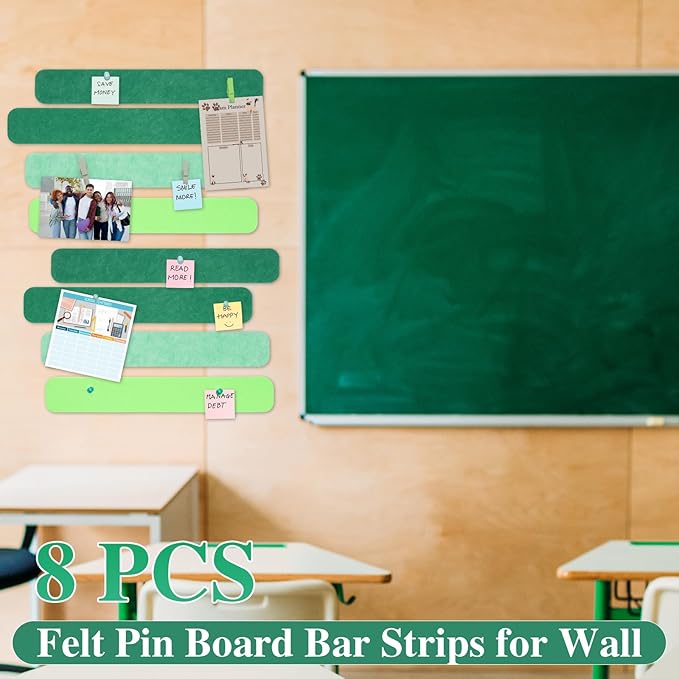 8 Pcs Felt Pin Board Bar Strips Bulletin Board 50 Pushpins and 10 Wooden Clip Pins Self Adhesive Cork Boards for Offices Home Wall Display Photos, Paste Notes, Schedules(Green)