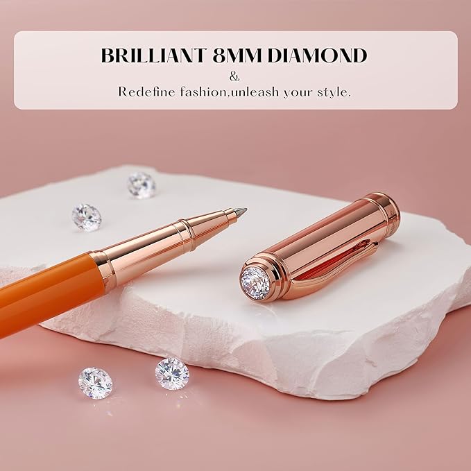 Luxury Rollerball Pen, Top Set With 8mm Brilliant Diamond,Bright Orange Lacquer,Rose Real Gold Finish, Schmidt Black Refill,Elegant Gift Pen For Women, Unique, Office,Nice Designer Pens