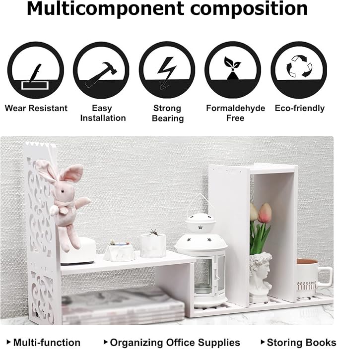 MASAKA B&W - Kawaii Storage Desktop Organizer for Your Desk Space, Double H Plants Display Shelf, Home Office Storage Rack Adjustable Stackable for Office, Dormitory (White*09)