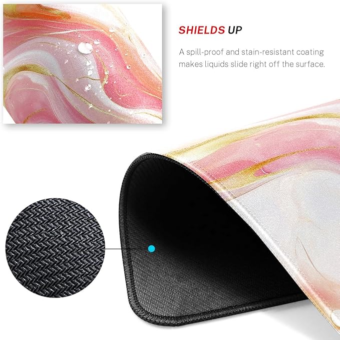 Pink Marble Desk Pad Mat with Stitched Edges and Non-Slip Rubber Base, Premium-Textured Mouse Pad for Laptop, Computer & PC, Gaming & Working, Waterproof Mousepad