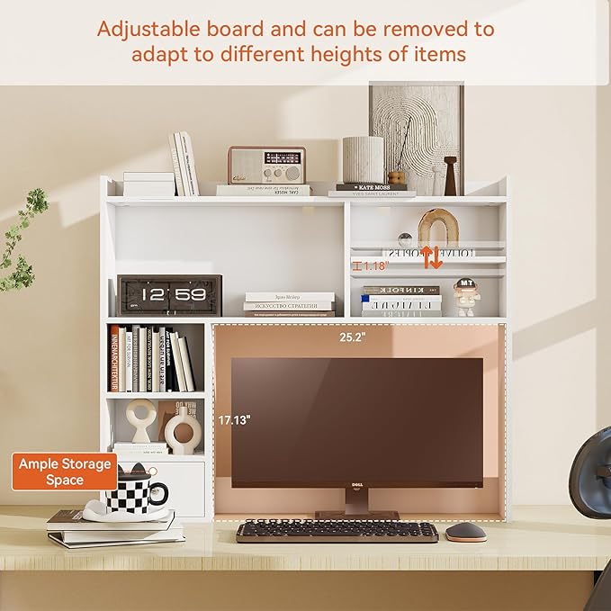 ELECWISH Desktop Bookshelf, Desk Shelf with Drawer for Computer Desk, 35.04" 6-Tier Adjustable Desktop Hutch Organizer for Home Office, White
