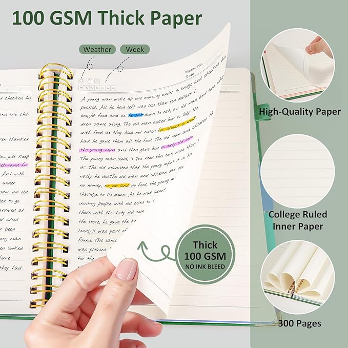 Hardcover Spiral Notebook Journal with Removable PVC Dividers - 8'' x 10'' Large 300 Pages B5 Hardcover Leather Lined Journals Notebook with Tab for Work Note Taking Office Home School Supplies, Green