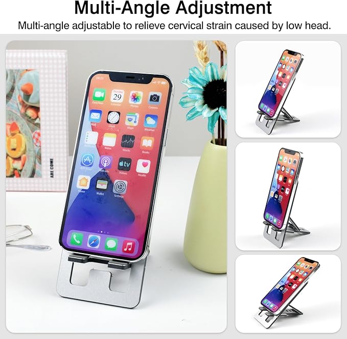Foldable Aluminum Phone Stand – Adjustable Desk Holder for Travel & Office, Compatible with iPhone 16-13 Pro Max, Samsung S24-S8, Kindle – Gray