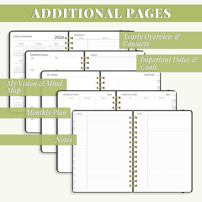 2026 Planner, A5 Weekly and Monthly Planners with Tabs, Spiral Bound Daily Calendar 2026 Planner, Agenda Organizers from Jan. to Dec., Hardcover Habit Tracker Journal 6.18" x 8.5"(Green Butterfly)
