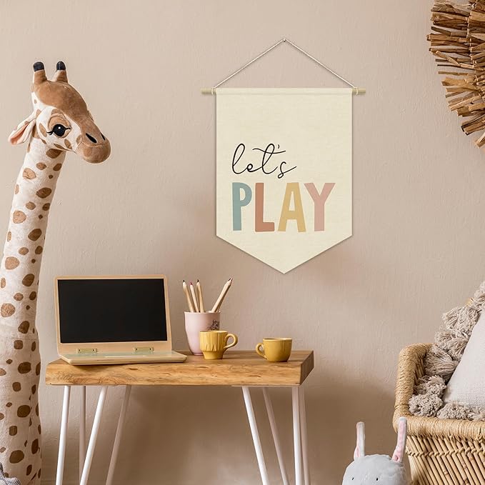 Playroom Sign Decor Let's Play Canvas Banner,Nursery Classroom Wall Art Canvas Hanging Pennant Flag Banner,Kids Room Homeschool Play Sign Wall Decor,Playroom Wall Decor Baby Room Decor 15x11in