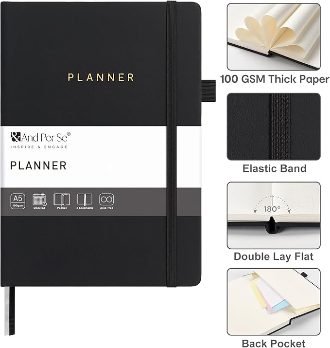 And Per Se Undated Planner – A5 Leather Hardcover Weekly & Monthly Goal Planner for 72 Weeks (1.5 Years) – with Goal & Habit Tracker (Black)