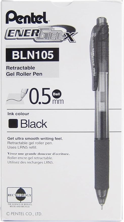 Pentel EnerGel-X Retractable Liquid Gel Pen, 0.5 mm, Black, Pack of 24