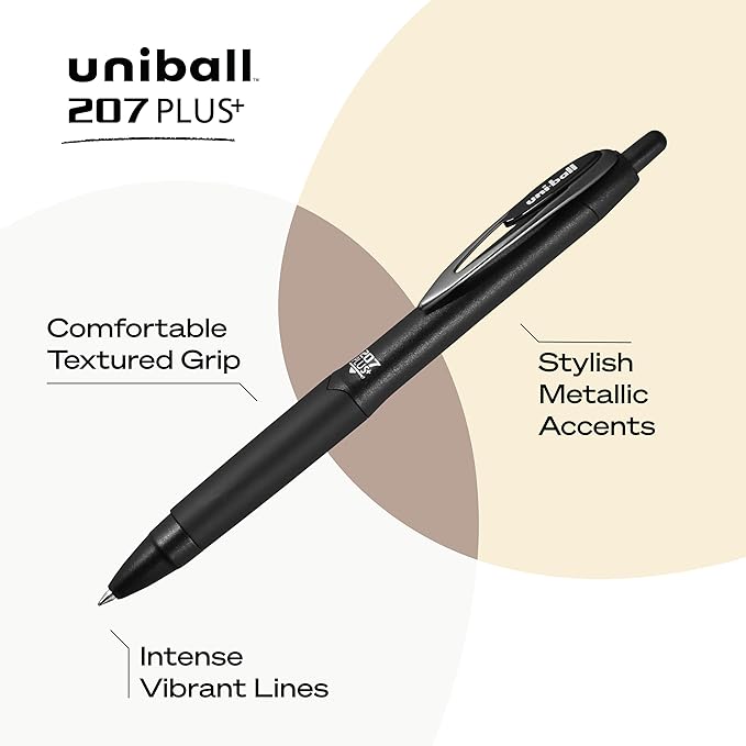 Uniball 207+ Black Retractable Gel Pens 2 Pack with Medium 0.7mm Points, Fraud Proof Office Pens for Business, School, and Bible Use