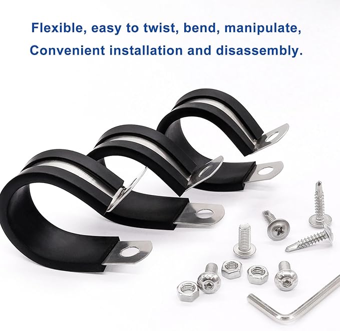 Taiss 50PCS 1/4 Inch Cable Clamps 304 Stainless Steel Rubber Cushion Insulated Pipe Clamps,Loop Clamps,Wire Clamps,Metal Clamp With two kinds of screws (6mm) F-098-6mm