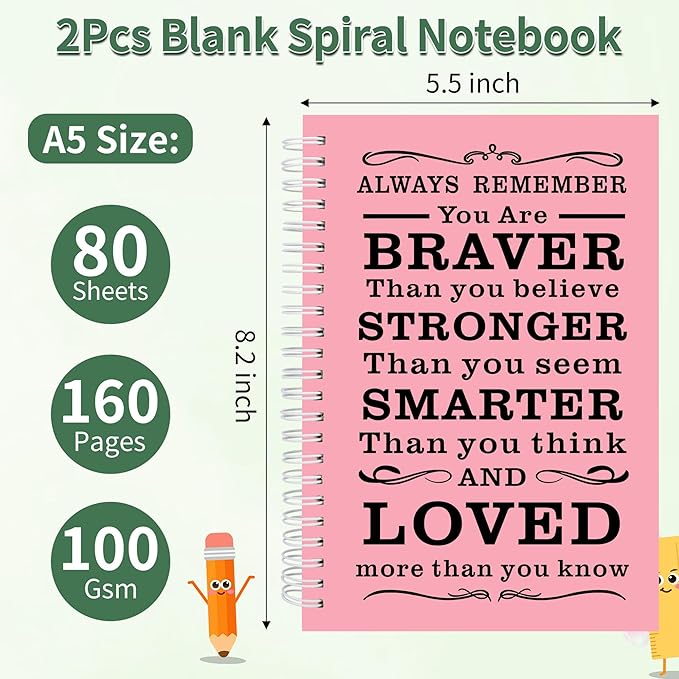 2Pcs Blank Spiral Notebook,Inspirational Gifts A5 Hardcover Sketch Book,Art Sketchbook for Drawing, Unlined, Plain Sketch Book for Women Men Work Writing,160 Pages (2, Blank Page Pink)