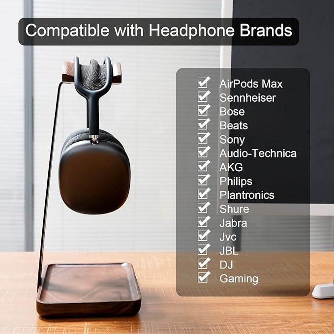 GEVO Walnut Headphone Stand, Wood Headset Stand for Desk, Universal Headphone Holder Gaming Headset Rack with Storage Base Compatible for AirPods Max, Bose, Razer, Sennheiser, Jabra, JBL, AKG