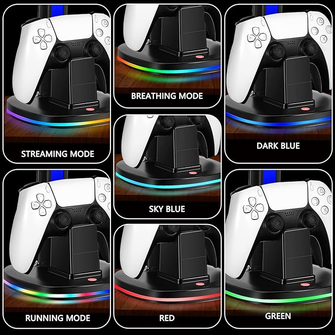 PS5 Controller Charging Station with RGB Headphone Stand, PS5 Controller Charger Holder with 2 USB Port, Headset Stand for PlayStation 5 & DualSense Edge Controllers Charging Dock