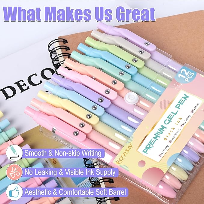 Gel Pens, 12 Pcs 0.5mm Fine Point Aesthetic Pens, Quick Dry No Smudge, Smooth Writing Comfortable Grip Pen, Cute Black Ink Journaling Pens for School Supplies Office Desk Accessories