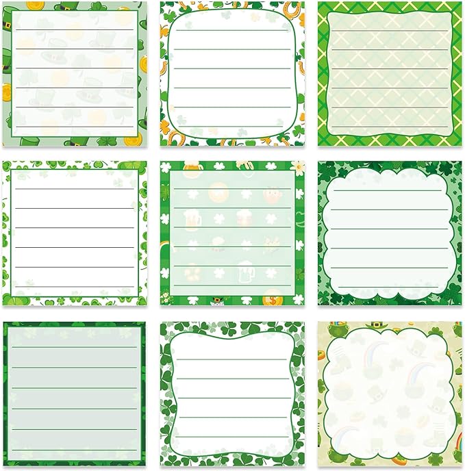 St Patricks Day Sticky Notes Gifts, 9 Pack St. Patrick's Day Notepads 3x3 Inches, Irish Gnome Leaf Shamrock Self-Adhesive Memo Pads, Holiday Office Study Supplies Gift (450 Sheets)