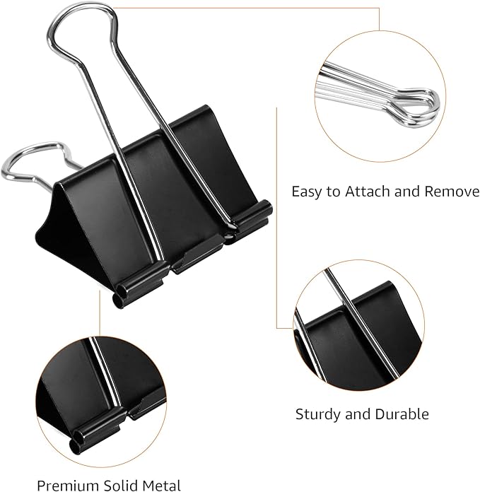 Amazon Basics Sturdy Binder Clips, Office Supplies, Large 2 in, Document Organizing, Black, 48 Count