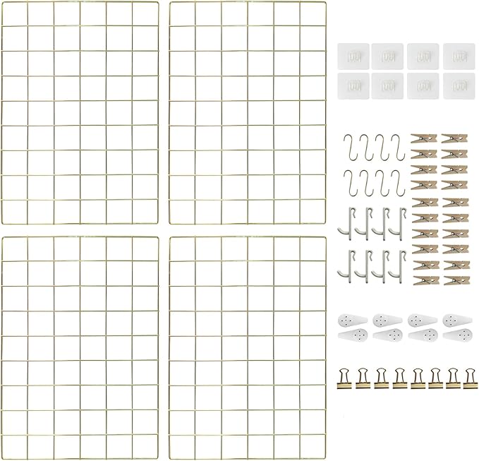 Metal Grid Wall Panel, Wire Grid Photo Display Organizer, 17.3"×11.8" Gold Wire Board Grid Wall, Grid Picture Frame, 4-Pack Wire Mesh Memo Board with Clips and Hooks