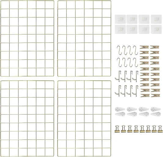 Metal Grid Wall Panel, Wire Grid Photo Display Organizer, 17.3"×11.8" Gold Wire Board Grid Wall, Grid Picture Frame, 4-Pack Wire Mesh Memo Board with Clips and Hooks