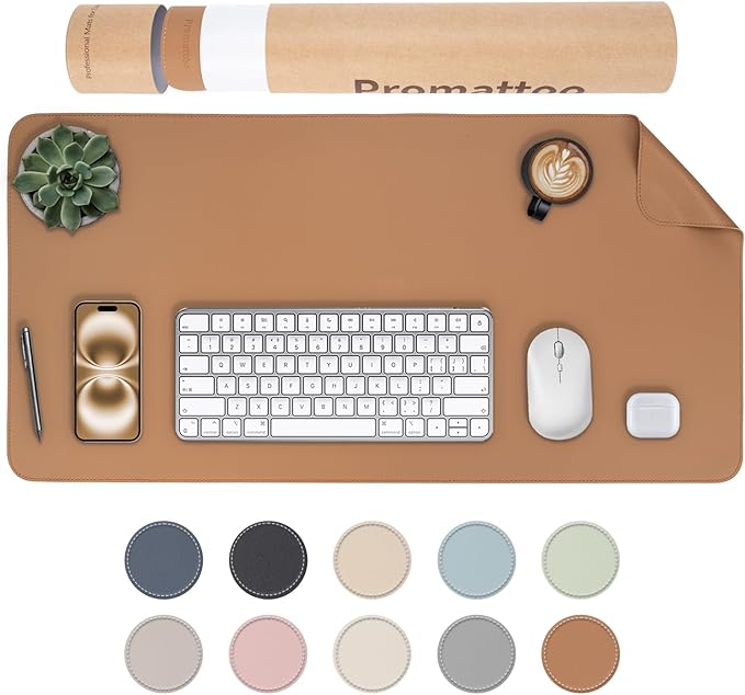Oversized Non-Slip Desk Pad Protector with Premium Gift Box – Vegan Leather Waterproof Laptop Mat for Keyboard & Mouse, Grips Desk Firmly – Large Office Pad– Caramel Brown