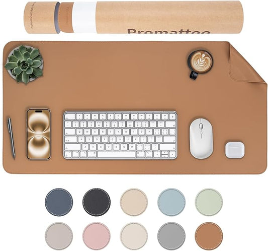 Oversized Non-Slip Desk Pad Protector with Premium Gift Box – Vegan Leather Waterproof Laptop Mat for Keyboard & Mouse, Grips Desk Firmly – Large Office Pad– Caramel Brown