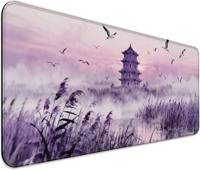 Purple Fantasy Tower and Egret XL Large Desk Mat, Extended Long Desk Pad for Gaming and Office, Non-Slip Rubber Base, Comfortable Surface Mouse Pad, 31.5x11.8 in (H25)