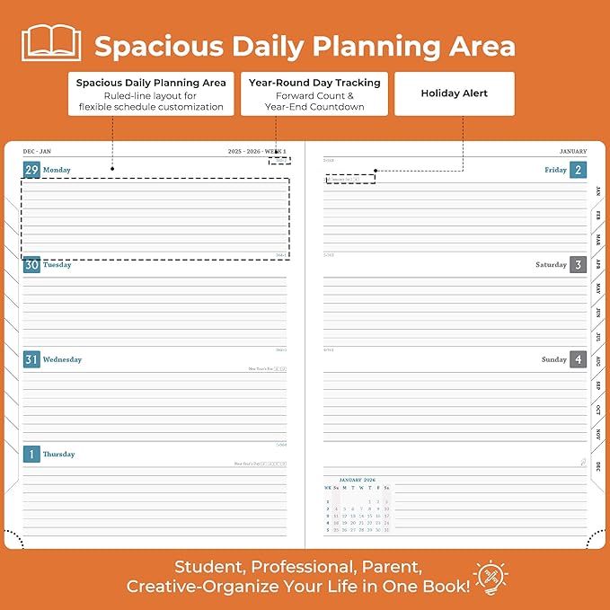 IN-LUXPRO Weekly Monthly 2026 Planner (Jan.26-Dec.26),8.5"x6.5",12 Months Agenda Plan with Month Tabs & Pocket,Expenses/Note Pages, Appointment Book Calendar with Hardcover Vegan Leather Cover,Orange