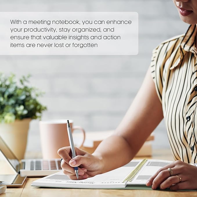 Meeting Notebook for Work Organization - Work Planner Notebook with Action Items, Agenda Planner for Note Taking, 160 Pages (6.9" X 9.9") Project Organizer for Men & Women - Green