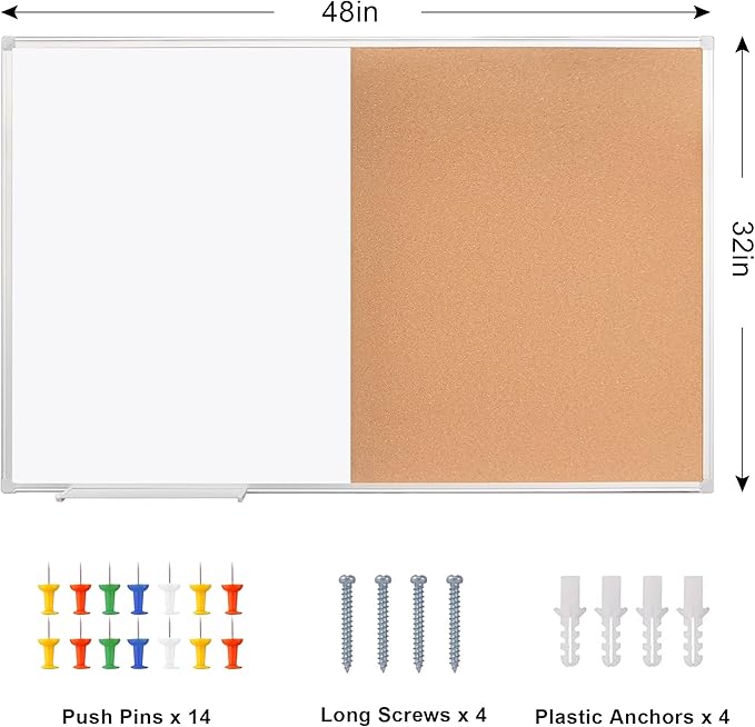 Cork Bulletin Board, 48 X 32 Inches White Magnetic Dry Erase Board, Large Wall Mounted Message Vision Notice Memo Pin Board for Office, Home and School
