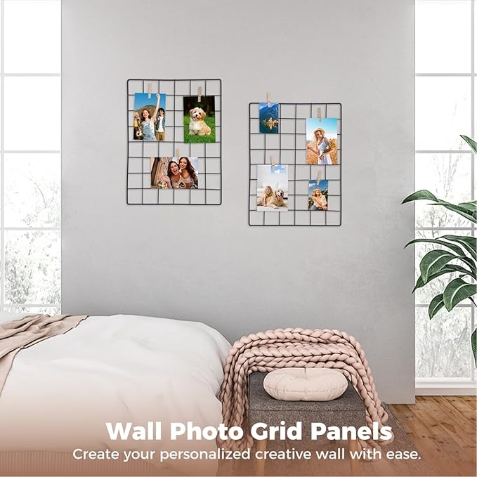 Wire Wall Grid Panel with Wall Grid Shelf with Photo Frames for Photo Display, Metal Mesh Message Board Memo Boards, Heavy Duty Gridwall Display Rack for Art Retail Display (Black-B)
