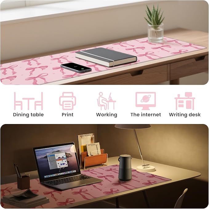 Pink Desk Mat, Pink Bow Keyboard and Mouse Pad Computer Mat, Non-Slip Rubber Base Extra Large Gaming Mouse Pad for Laptop, Cute Office Essentials School Supplies Desktop Decor for Girls 31.5 x 11.8in