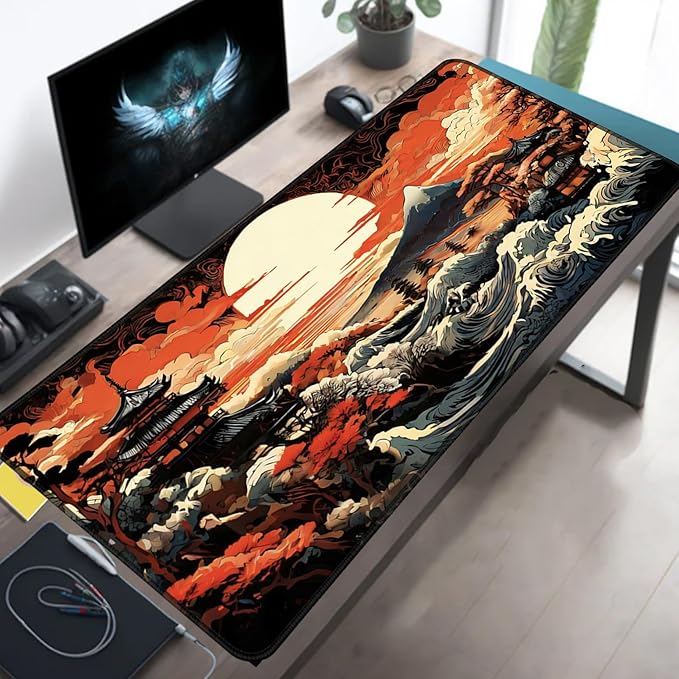 Manicer Japanese Sunset Wave Gaming Mouse Pad – Large Extended Mouse Mat with Pagoda Mountain Landscape, Smooth Control Surface, Non-Slip Rubber Base, Waterproof Mousepad for Office & Home