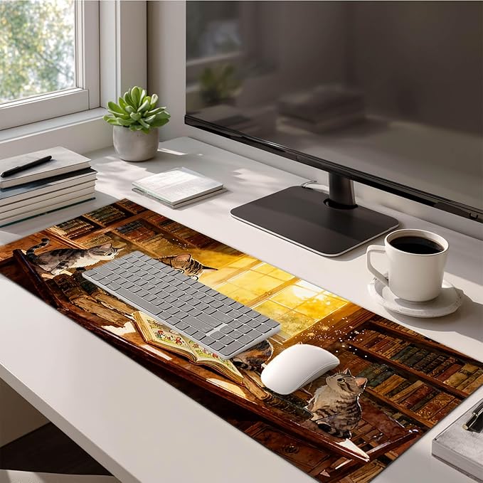XL Mouse Pad 31.5 x 11.8 Inch Gaming Mousepad Diatomite Large Keyboard Mouse Pad for Home and Office Desk Accessories with Cozy Library Cat Study Artwork