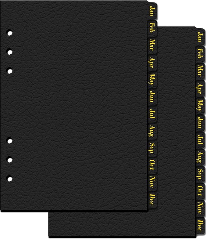 Koqye Leather Textured A5 6-Ring Binder Dividers with 12 Monthly Tabs, Black Paper Index Page Separators for Planner/Organizer (2 Set - 12 Monthly Tabs)