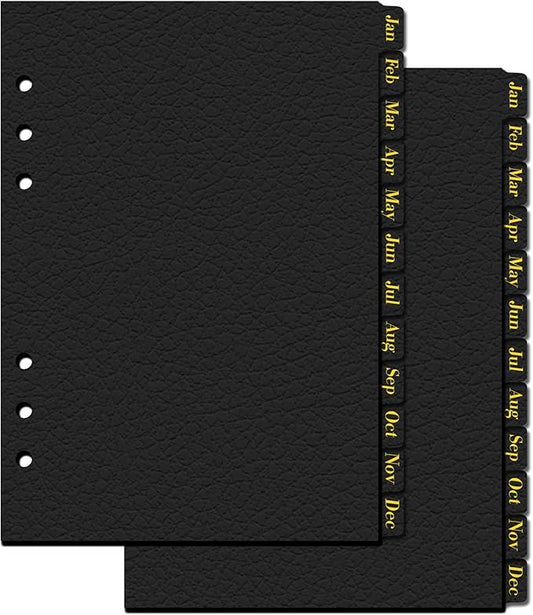 Koqye Leather Textured A5 6-Ring Binder Dividers with 12 Monthly Tabs, Black Paper Index Page Separators for Planner/Organizer (2 Set - 12 Monthly Tabs)