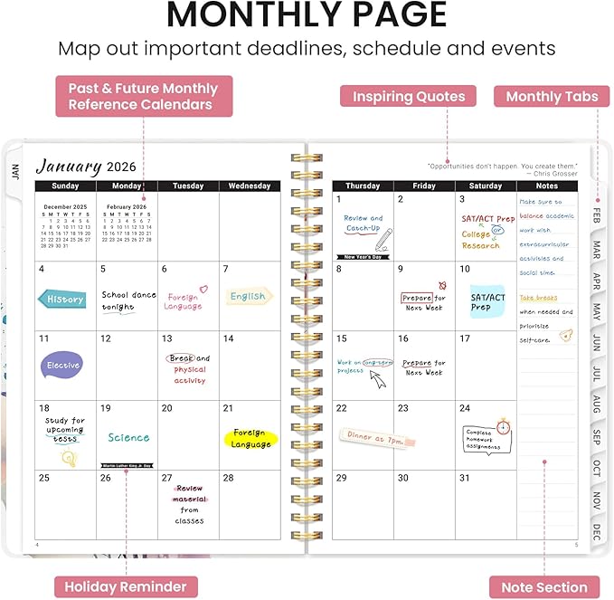 2026 Planner, Monthly and Weekly Calendar Planner for Women, Jan 2026 - Dec 2026, Hardcover Pretty 2026 Agenda Planner Book with Tabs, Spiral Bound, Perfect for School Office Home Supplies, 8.5" x 11" - Painted Bloom