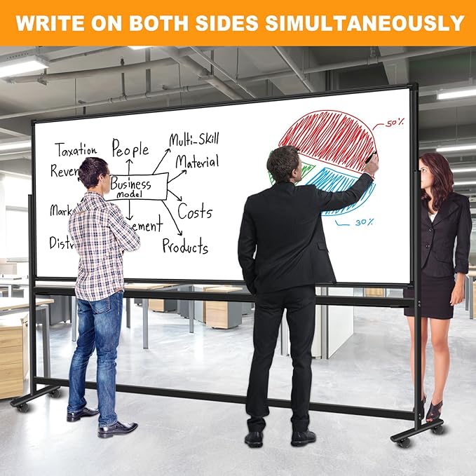 Large Magnetic Rolling Whiteboard on Wheels, 96 x 48 Inches, Double-Sided Mobile White Board with Stand, 8' x 4' Dry Erase Board with Stand for Office, School, Home, 3 Eraser, 6 Markers, 24 Magnets
