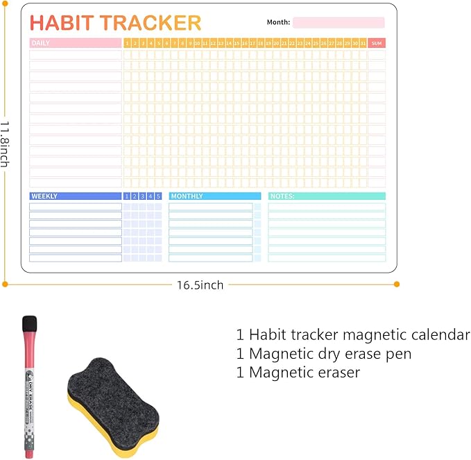 Habit Tracker Calendar Magnetic Whiteboard for Refrigerator,Daily Weekly and Monthly Habit Tracker Journal Workout Motivation Goal Planner Journal