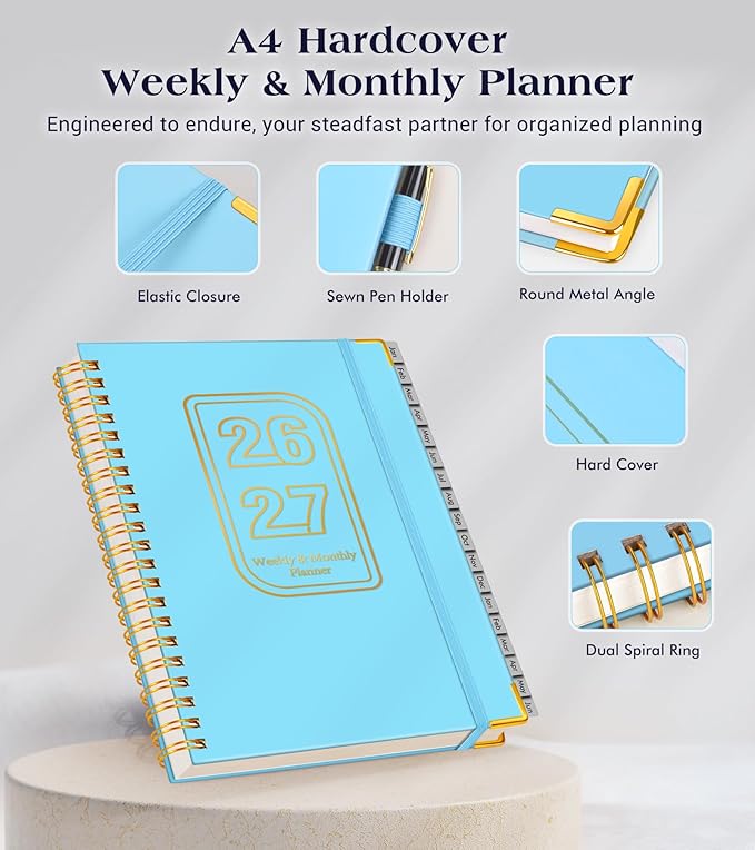 Planner 2026-2027, 18 Months Weekly and Monthly Hardcover Planner, January 2026 - June 2027, 8.5" x 11" A4 Large Daily Calendar Planner Book with Tabs, Spiral Yearly Agenda Organizer Notebook for School Work Home, Sky Blue