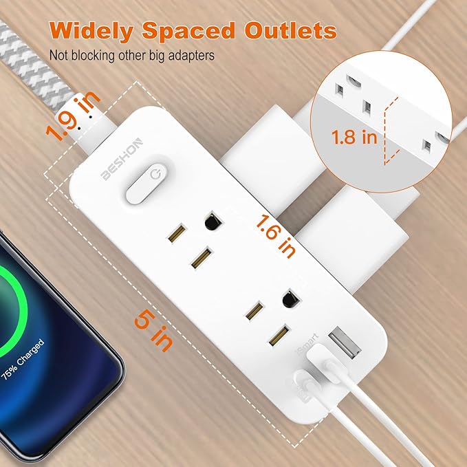 15Ft Extension Cord, BESHON Power Strip Surge Protector, 6 Outlets with 3 USB Ports(1 USB C Outlet), 3-Side Outlet Extender, Wall Mount, Compact for Home, College Dorm Room