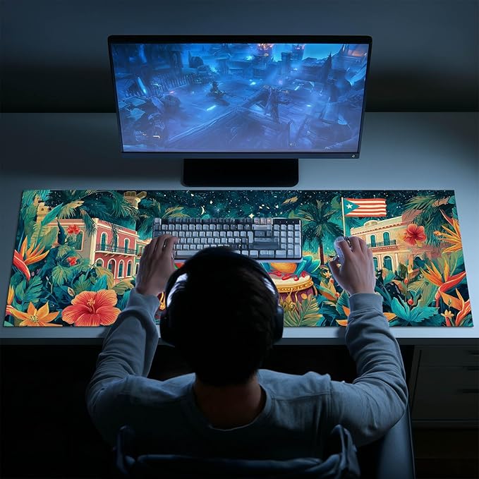 Large Mouse Pad Gaming Mousepad 31.5 x 11.8 Inch Keyboard Desktop Mat Diatomite XL Mouse Pad for Home and Office Desk Accessories with Tropical City Drum Frog Artwork and Smooth Diatomite