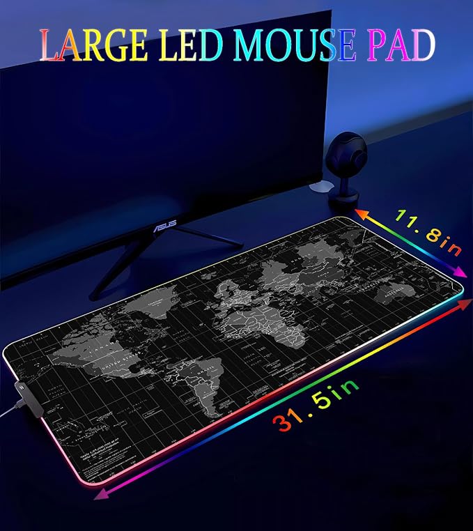 RGB Gaming Mouse Pad, Large Mousepad with Led Light, Gaming Accessories Keyboard Pad for Desk, Non-Slip Rubber Base Big Mouse Mat for Gamer, 31.5 X 11.8 Inch, Black World Map