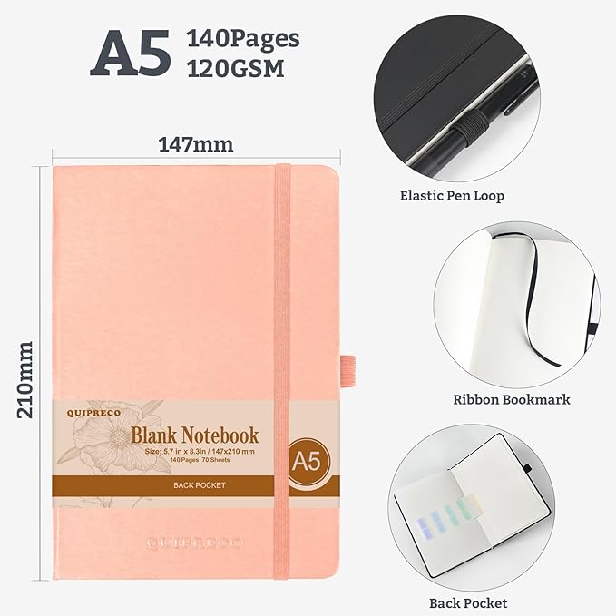 2Pack Blank Hardcover Sketch Book Notebook, A5 140 Pages 120Gsm Thick Journal for Drawing,School,Work,Diary，5.7''*8.3'',Blush