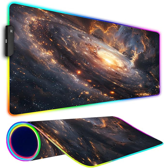 RGB Gaming Mouse Pad, Large Mousepad with Led Light, Gaming Accessories Keyboard Pad for Desk, Non-Slip Rubber Base Big Mouse Mat for Gamer, 31.5 X 11.8 Inch, Golden Galaxy
