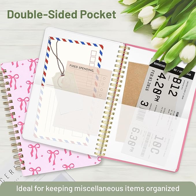 Stanoha Cute Spiral Notebook A5 Journal for Women Girls Kawaii Aesthetic Pretty Floral Design with Pocket, 8.5 x 5.7 inch, Line, Bow