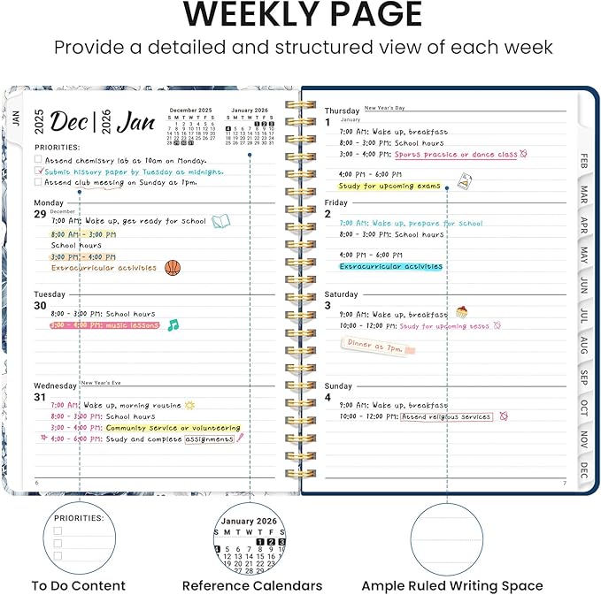 2026 Planner, Monthly and Weekly Calendar Planner for Women, Jan 2026 - Dec 2026, Hardcover Pretty 2026 Agenda Planner Book with Tabs, Spiral Bound, Perfect for School Office Home Supplies, 8.5" x 11" - Blue Floral